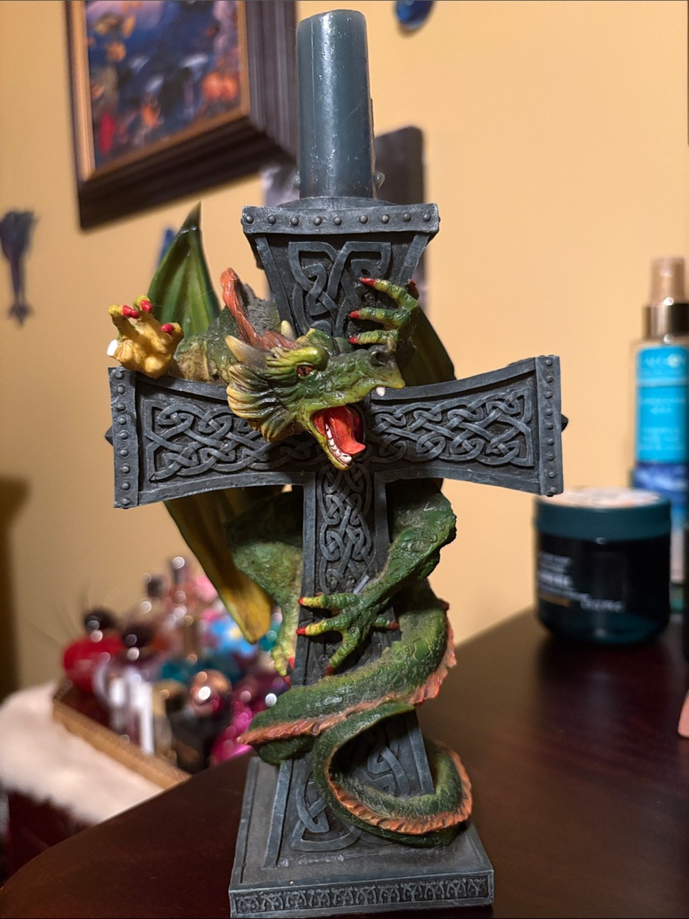 Green Dragon Celtic Cross Candle Holder